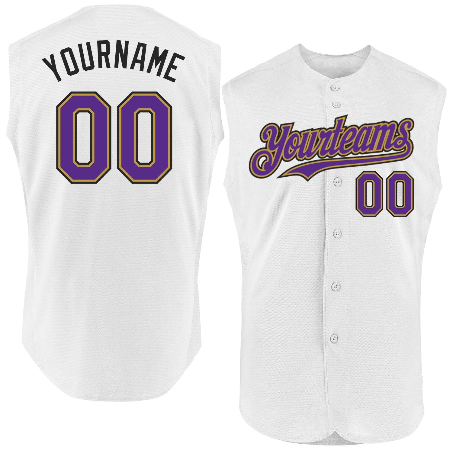Custom White Purple Old Gold-Black Authentic Sleeveless Baseball Jersey - Main View