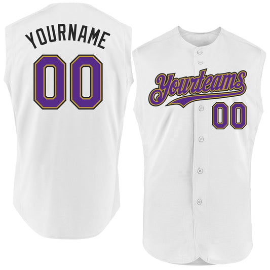 Custom White Purple Old Gold-Black Authentic Sleeveless Baseball Jersey - Main View
