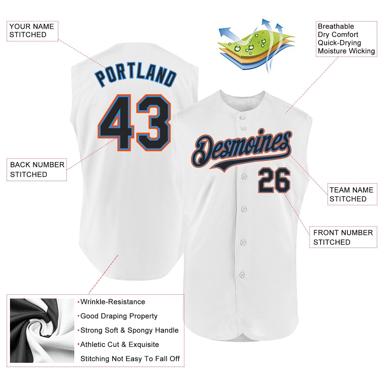Custom White Black Electric Blue-Orange Authentic Sleeveless Baseball Jersey view 2