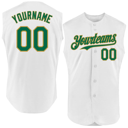 Custom White Kelly Green-Old Gold Authentic Sleeveless Baseball Jersey - Main View