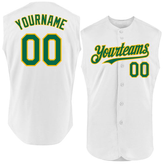 Custom White Kelly Green-Gold Authentic Sleeveless Baseball Jersey - Main View