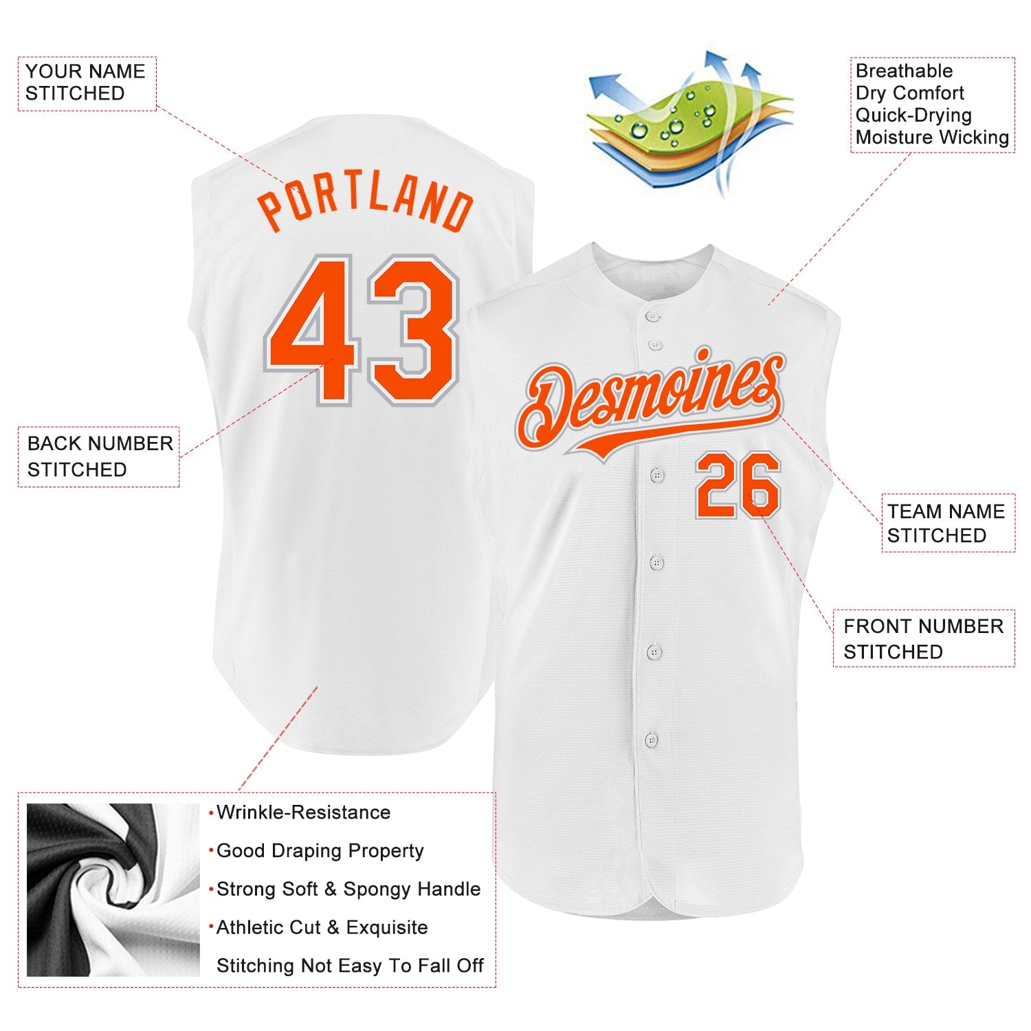 Custom White Orange-Gray Authentic Sleeveless Baseball Jersey view 2