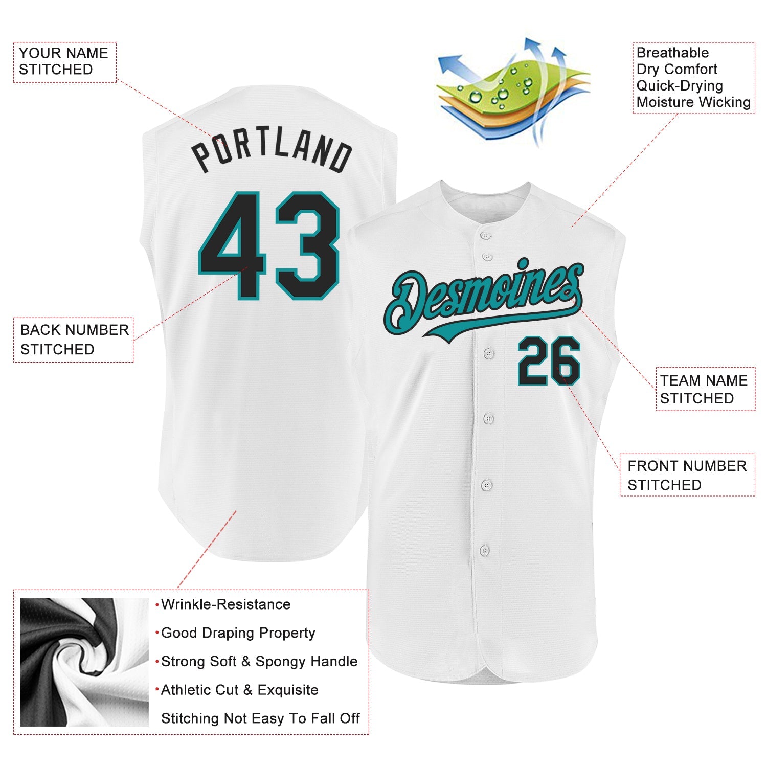 Custom White Black-Teal Authentic Sleeveless Baseball Jersey view 2