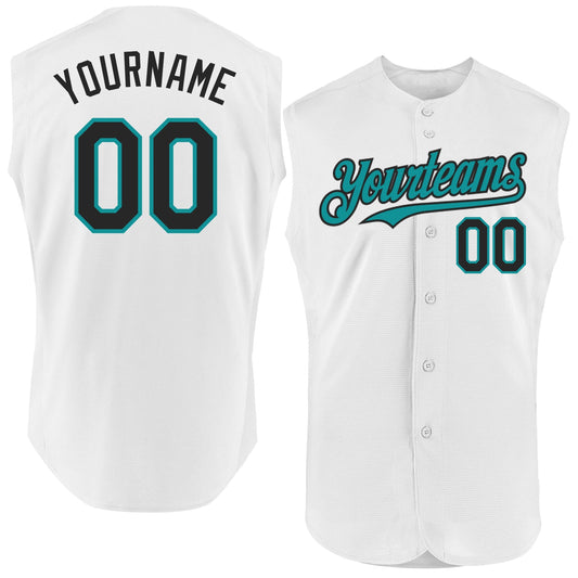 Custom White Black-Teal Authentic Sleeveless Baseball Jersey - Main View