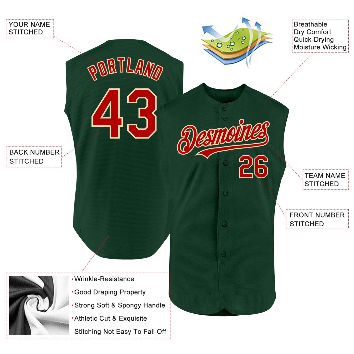 Custom Green Red-Cream Authentic Sleeveless Baseball Jersey view 2