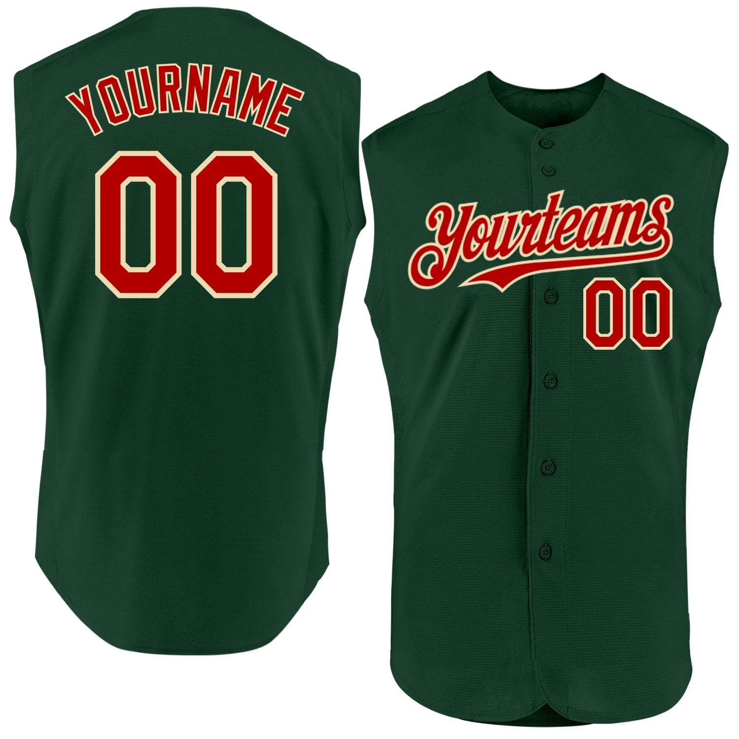 Custom Green Red-Cream Authentic Sleeveless Baseball Jersey - Main View