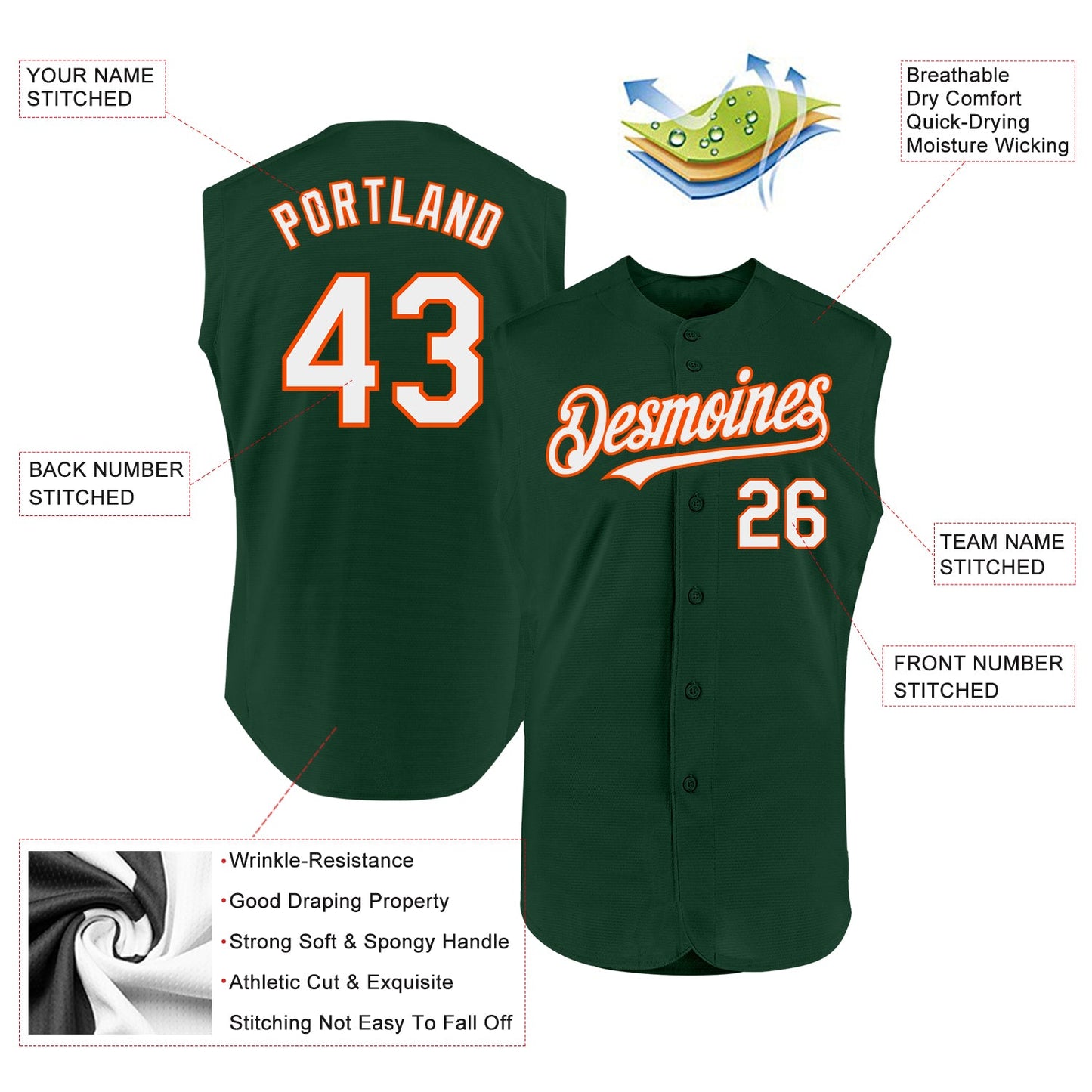 Custom Green White-Orange Authentic Sleeveless Baseball Jersey view 2
