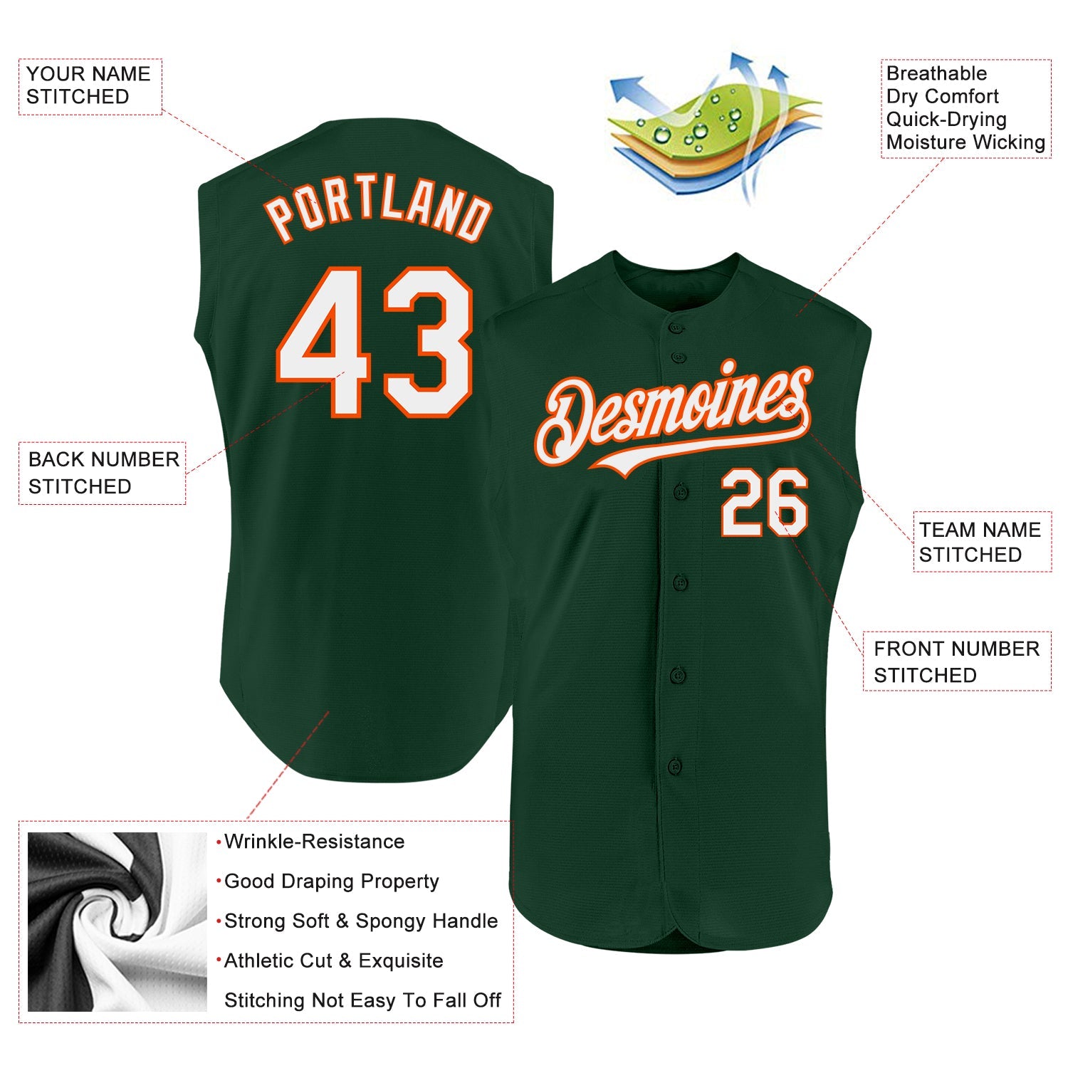 Custom Green White-Orange Authentic Sleeveless Baseball Jersey view 2