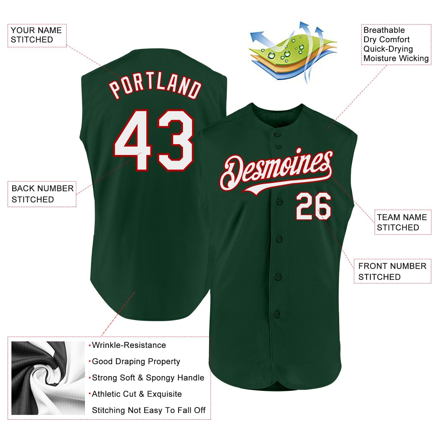 Custom Green White-Red Authentic Sleeveless Baseball Jersey view 2