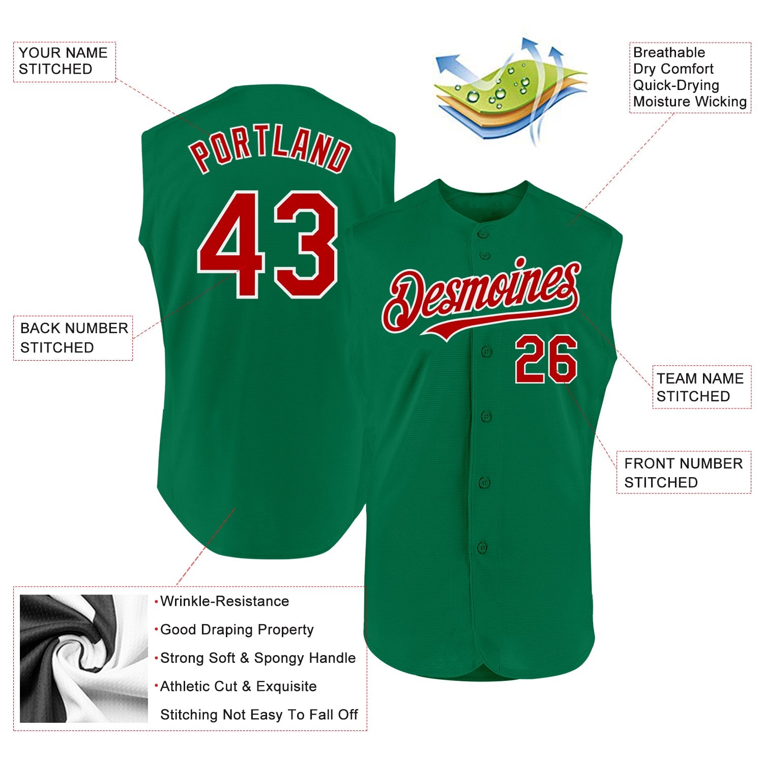 Custom Kelly Green Red-White Authentic Sleeveless Baseball Jersey view 2