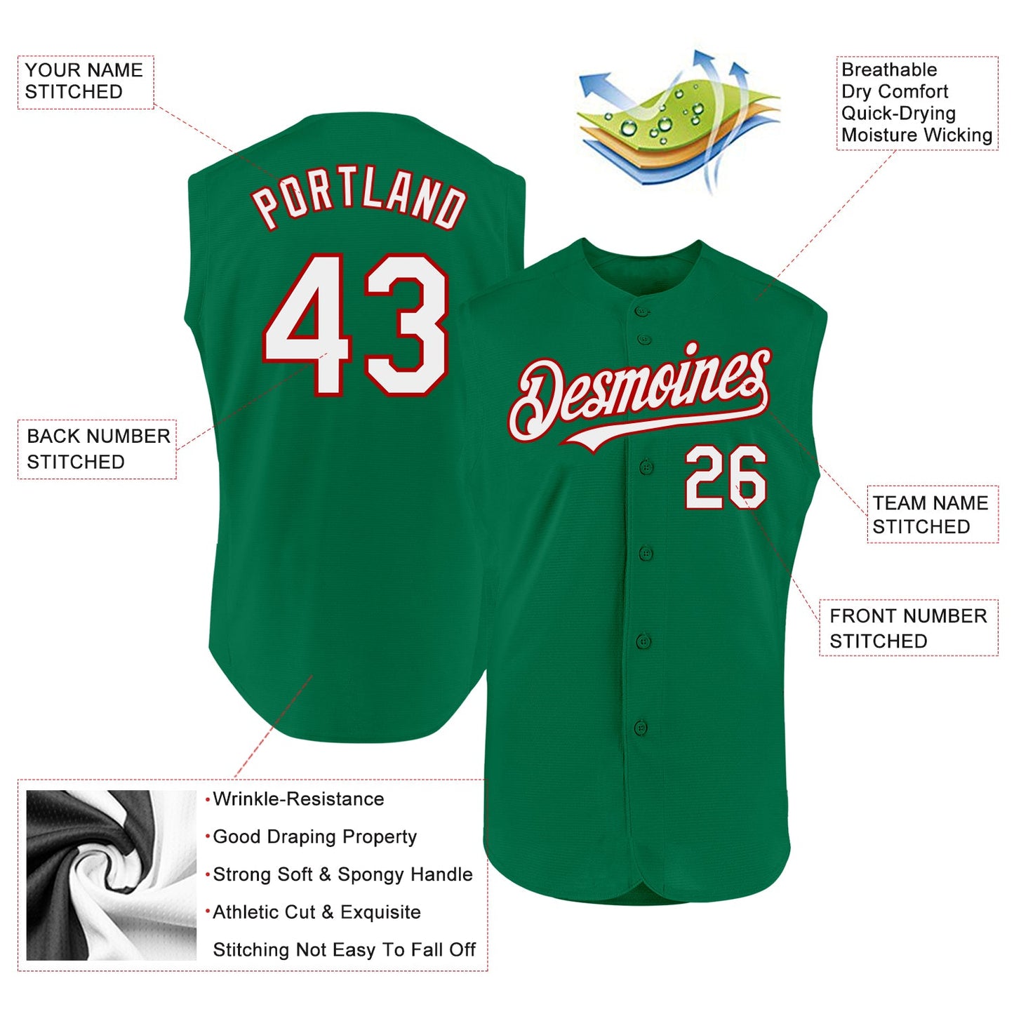 Custom Kelly Green White-Red Authentic Sleeveless Baseball Jersey view 2