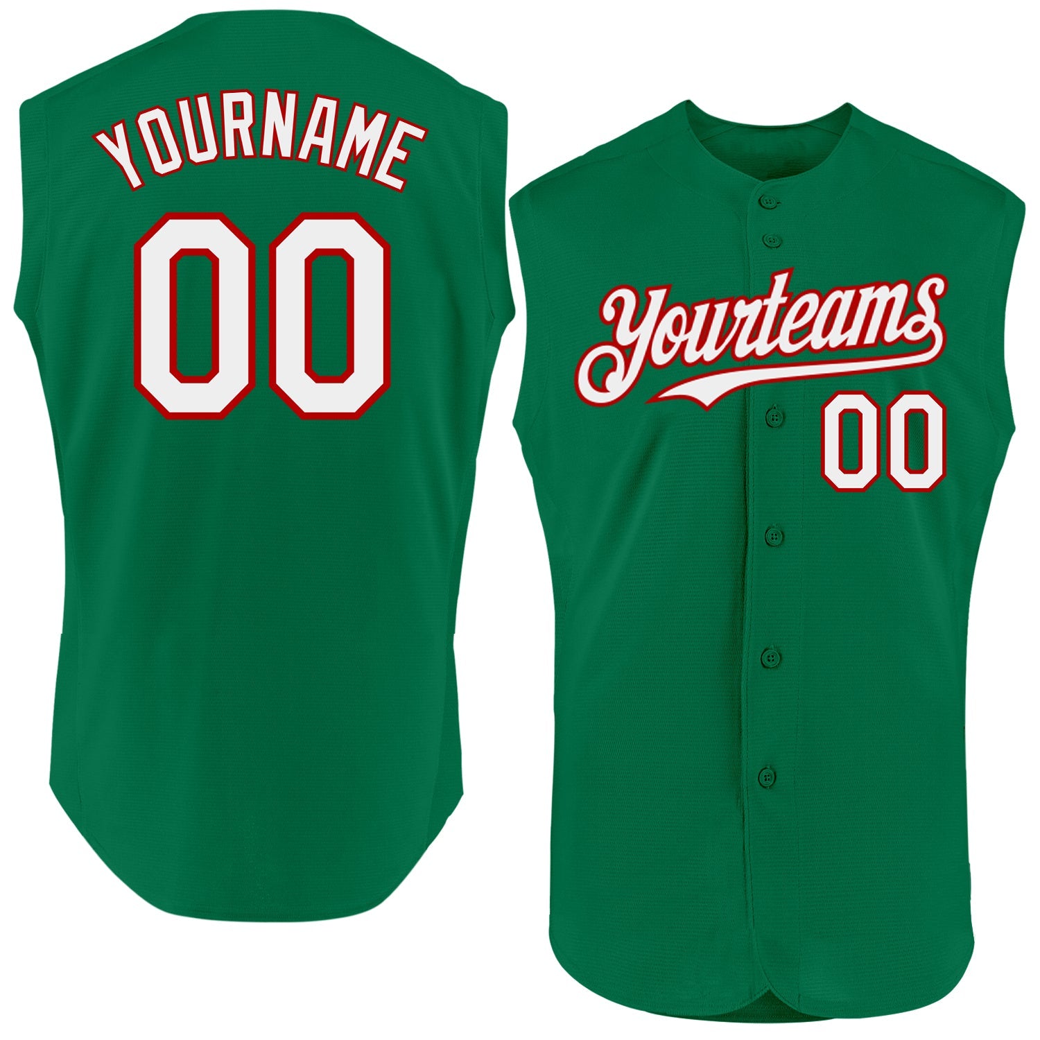Custom Kelly Green White-Red Authentic Sleeveless Baseball Jersey - Main View