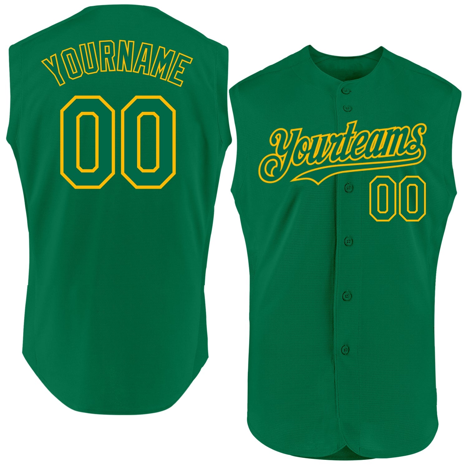 Custom Kelly Green Gold Authentic Sleeveless Baseball Jersey - Main View