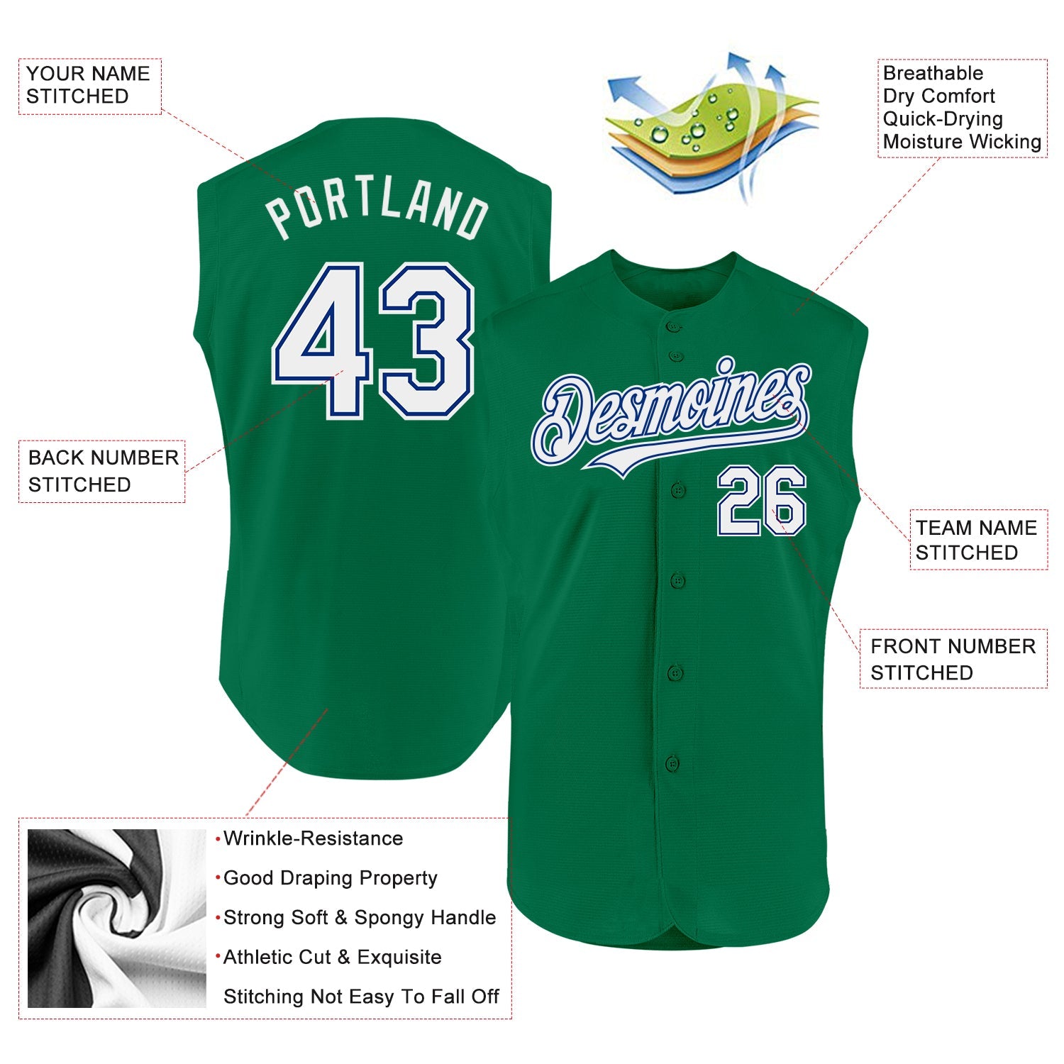Custom Kelly Green White-Royal Authentic Sleeveless Baseball Jersey view 2