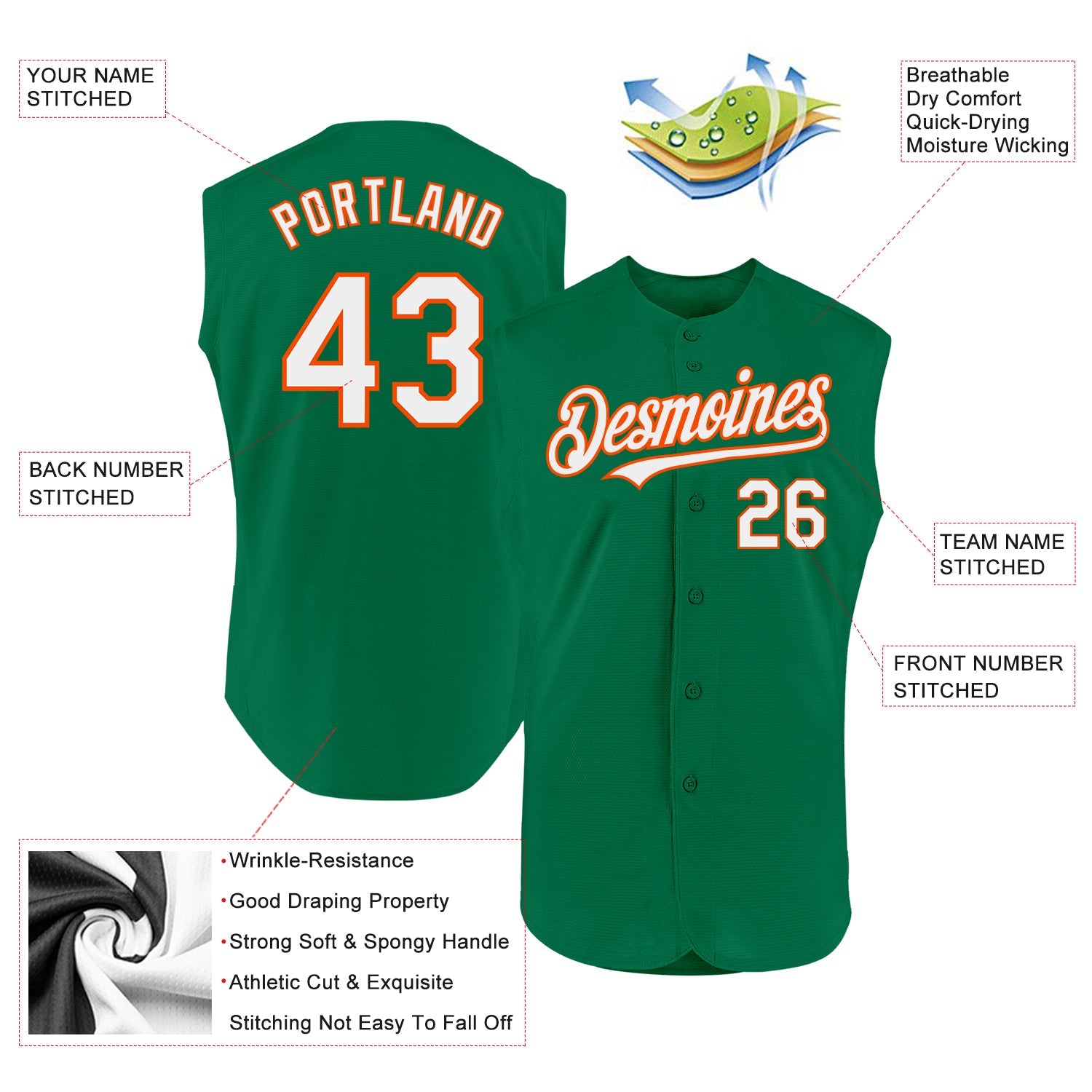 Custom Kelly Green White-Orange Authentic Sleeveless Baseball Jersey view 2