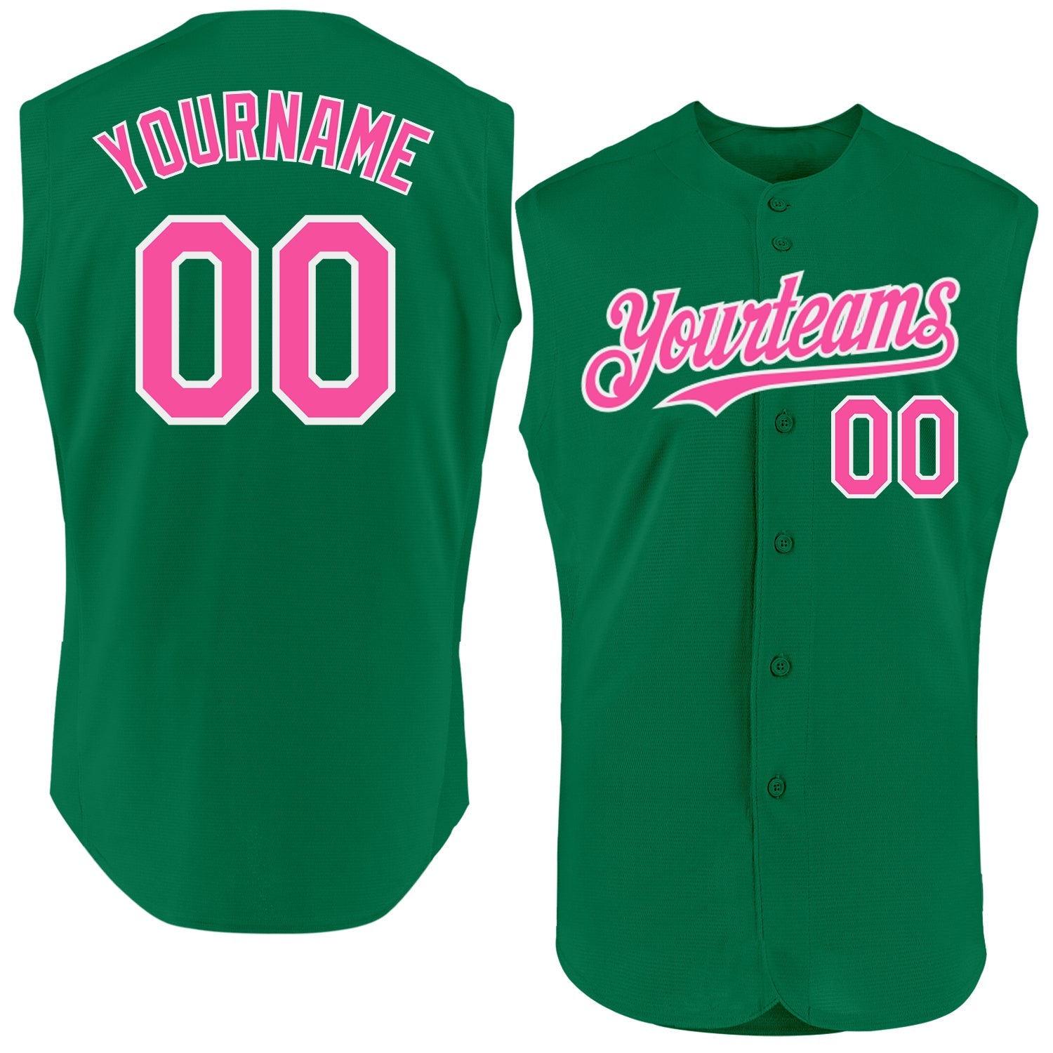 Custom Kelly Green Pink-White Authentic Sleeveless Baseball Jersey - Main View