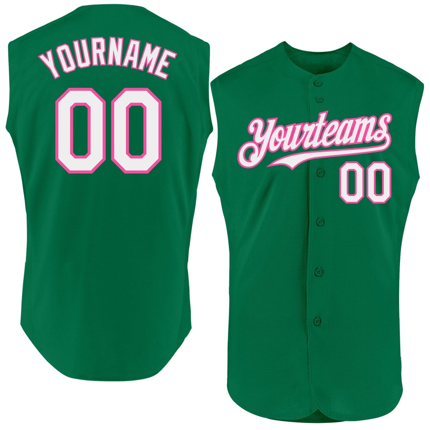 Custom Kelly Green White-Pink Authentic Sleeveless Baseball Jersey - Main View