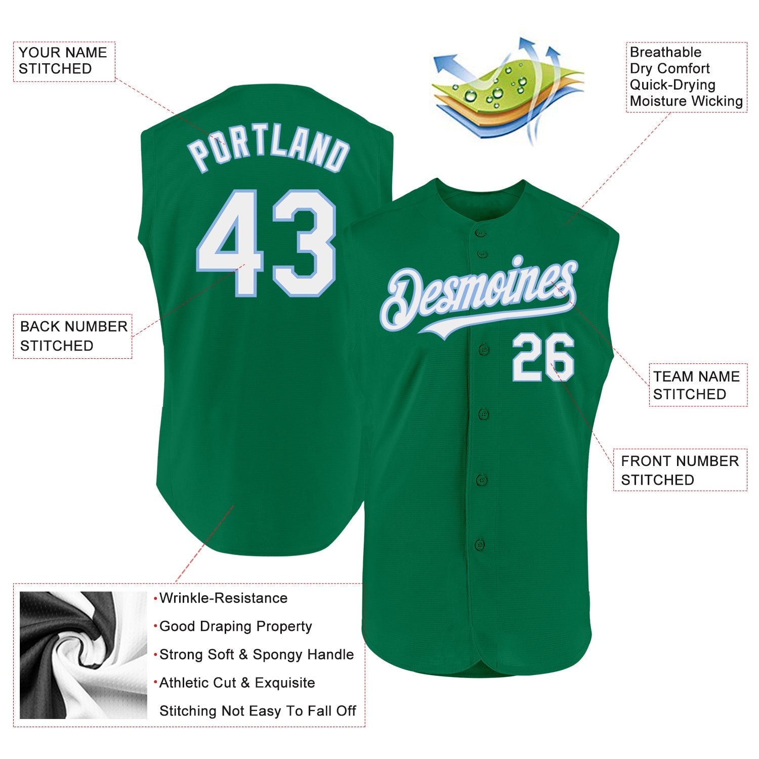 Custom Kelly Green White-Light Blue Authentic Sleeveless Baseball Jersey view 2