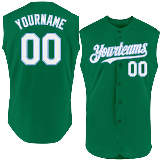 Custom Kelly Green White-Light Blue Authentic Sleeveless Baseball Jersey - Main View