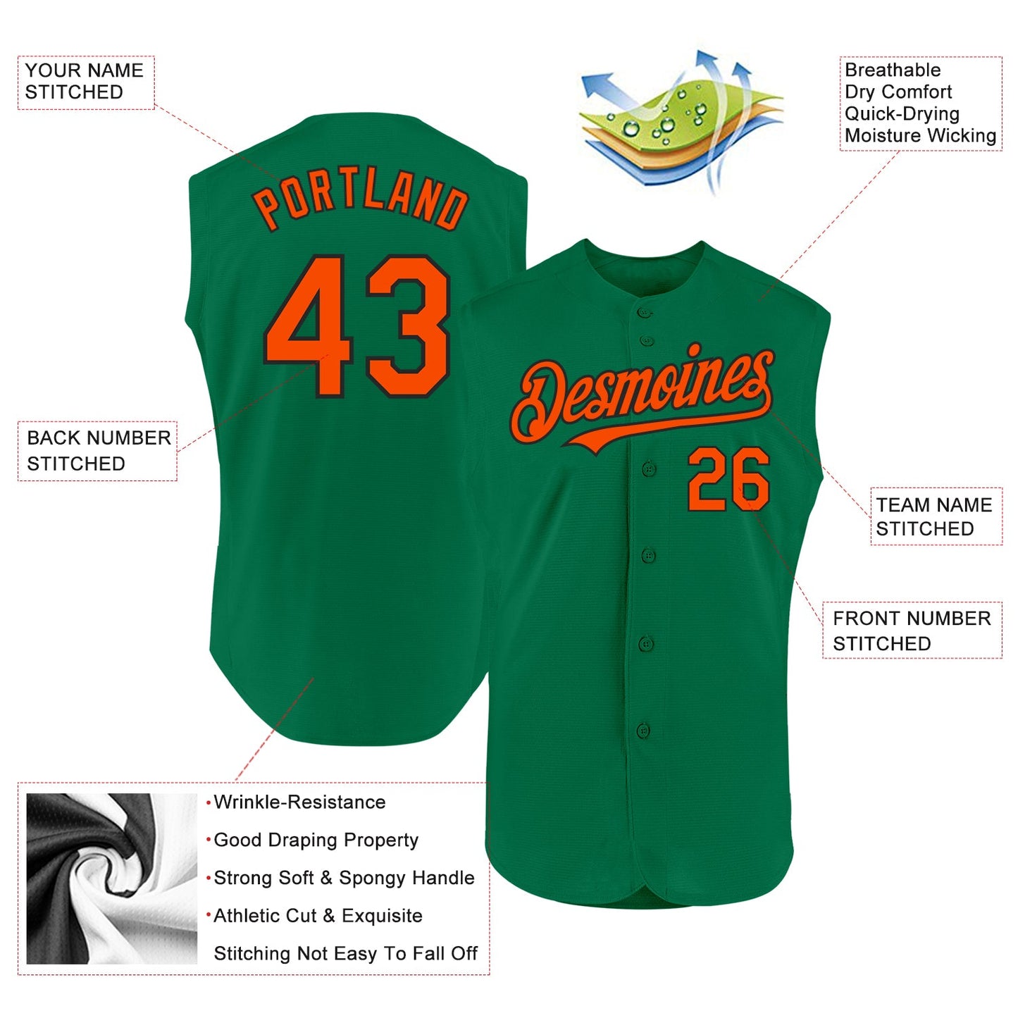 Custom Kelly Green Orange-Black Authentic Sleeveless Baseball Jersey view 2