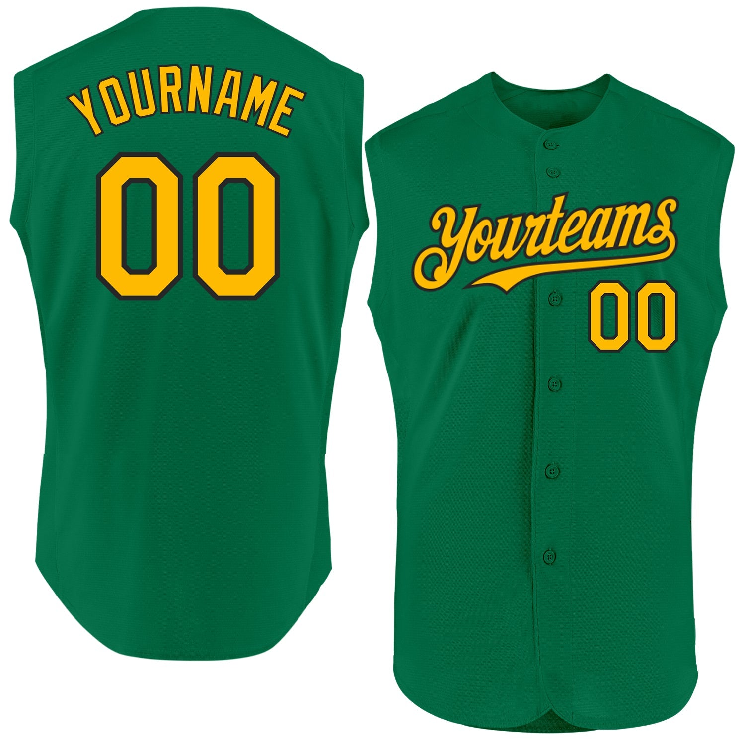 Custom Kelly Green Gold-Black Authentic Sleeveless Baseball Jersey - Main View