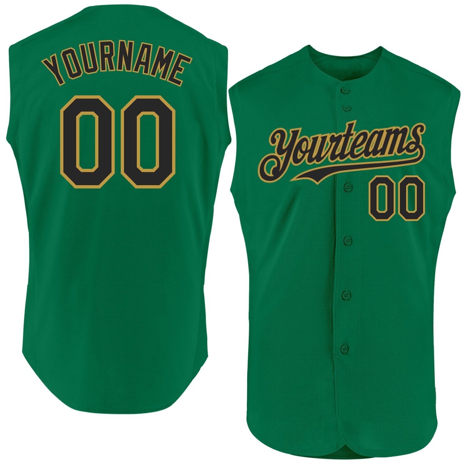 Custom Kelly Green Black-Old Gold Authentic Sleeveless Baseball Jersey - Main View