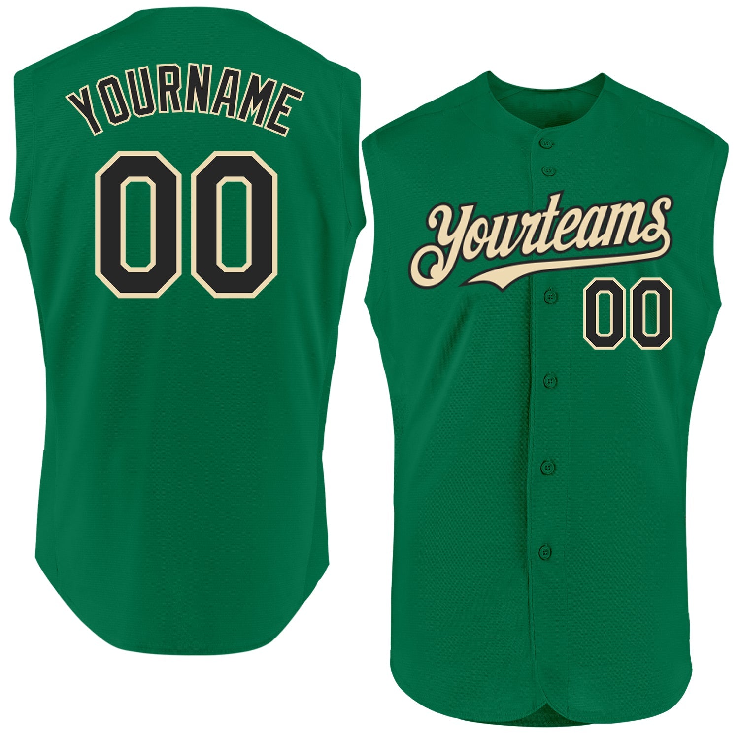 Custom Kelly Green Black-Cream Authentic Sleeveless Baseball Jersey - Main View