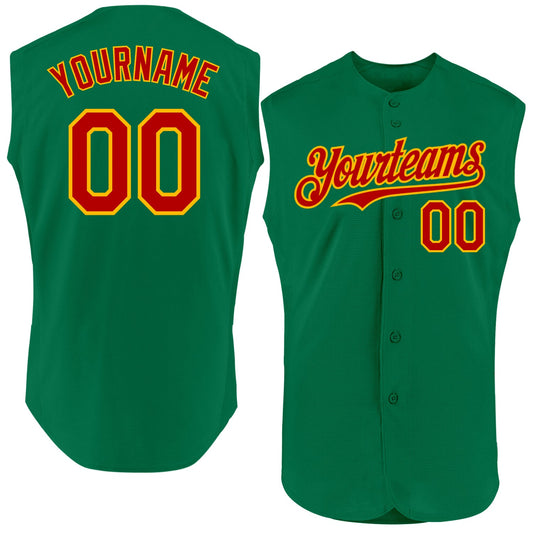 Custom Kelly Green Red-Gold Authentic Sleeveless Baseball Jersey - Main View