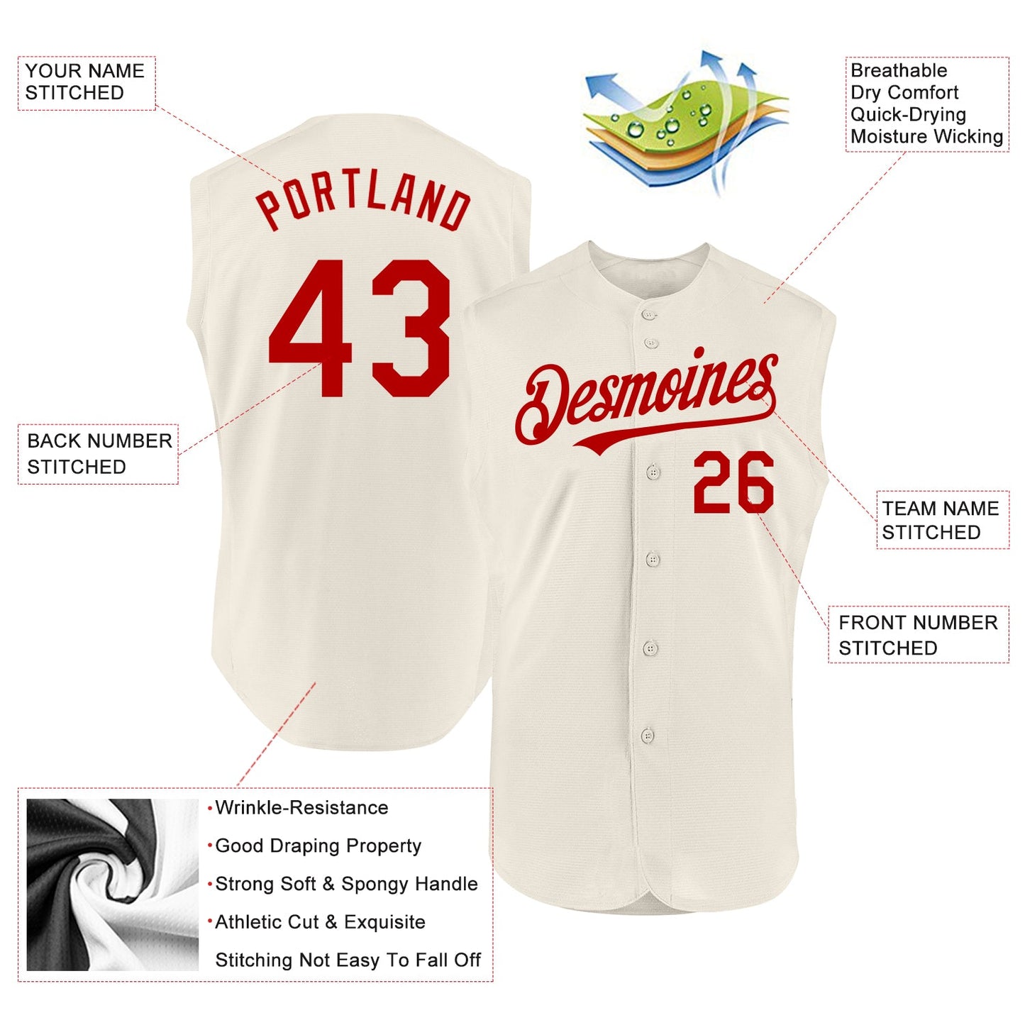 Custom Cream Red Authentic Sleeveless Baseball Jersey view 2