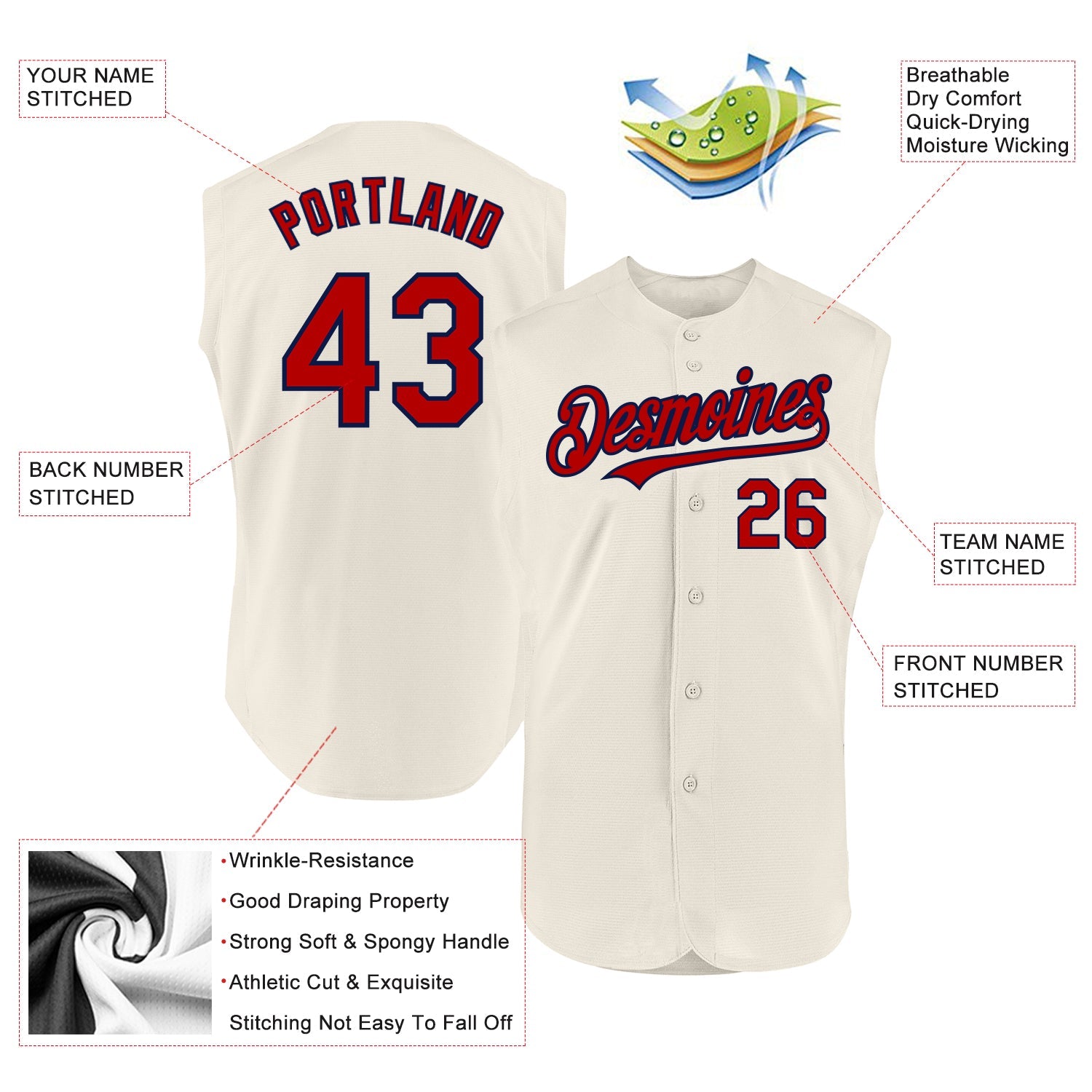 Custom Cream Red-Navy Authentic Sleeveless Baseball Jersey view 2