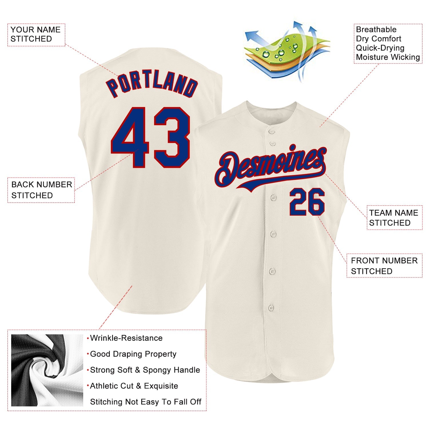 Custom Cream Royal-Red Authentic Sleeveless Baseball Jersey view 2