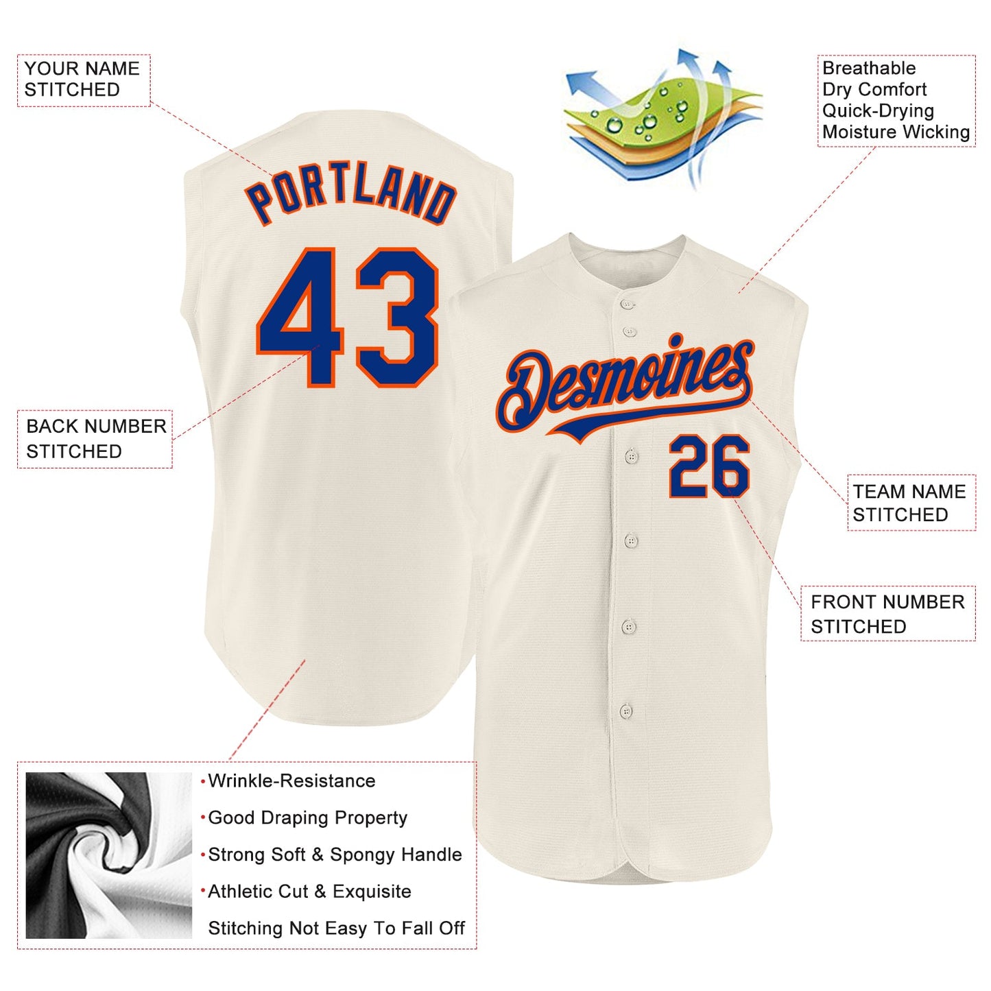 Custom Cream Royal-Orange Authentic Sleeveless Baseball Jersey view 2