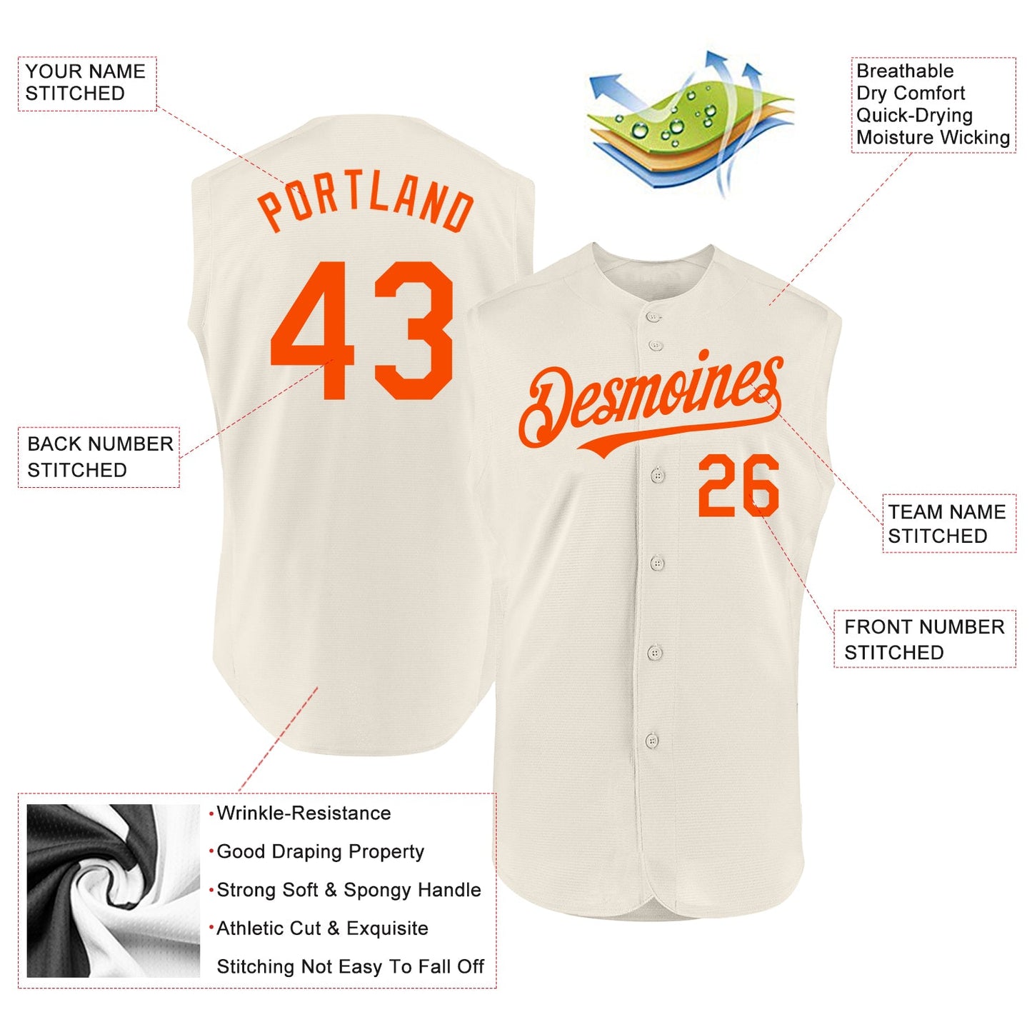 Custom Cream Orange Authentic Sleeveless Baseball Jersey view 2