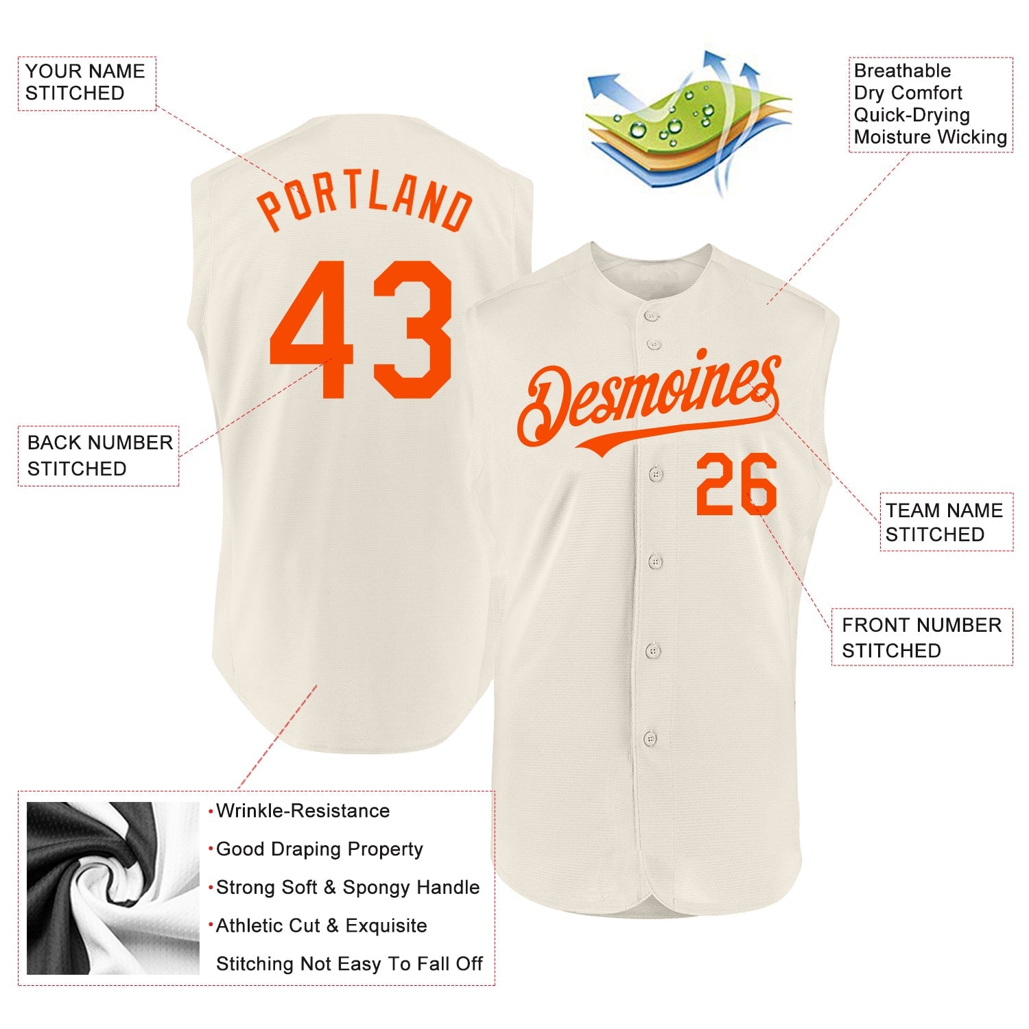 Custom Cream Orange Authentic Sleeveless Baseball Jersey view 2