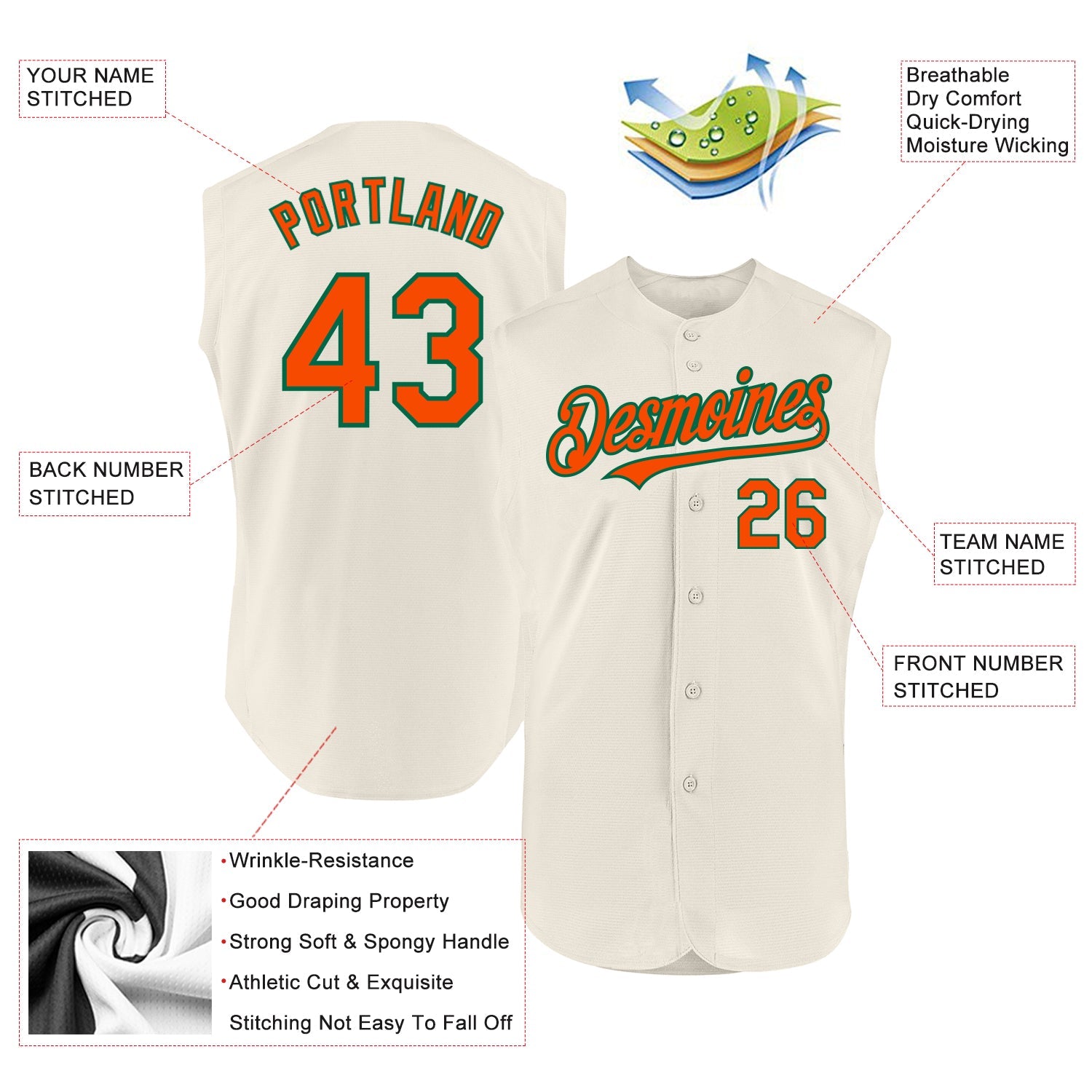 Custom Cream Orange-Kelly Green Authentic Sleeveless Baseball Jersey view 2
