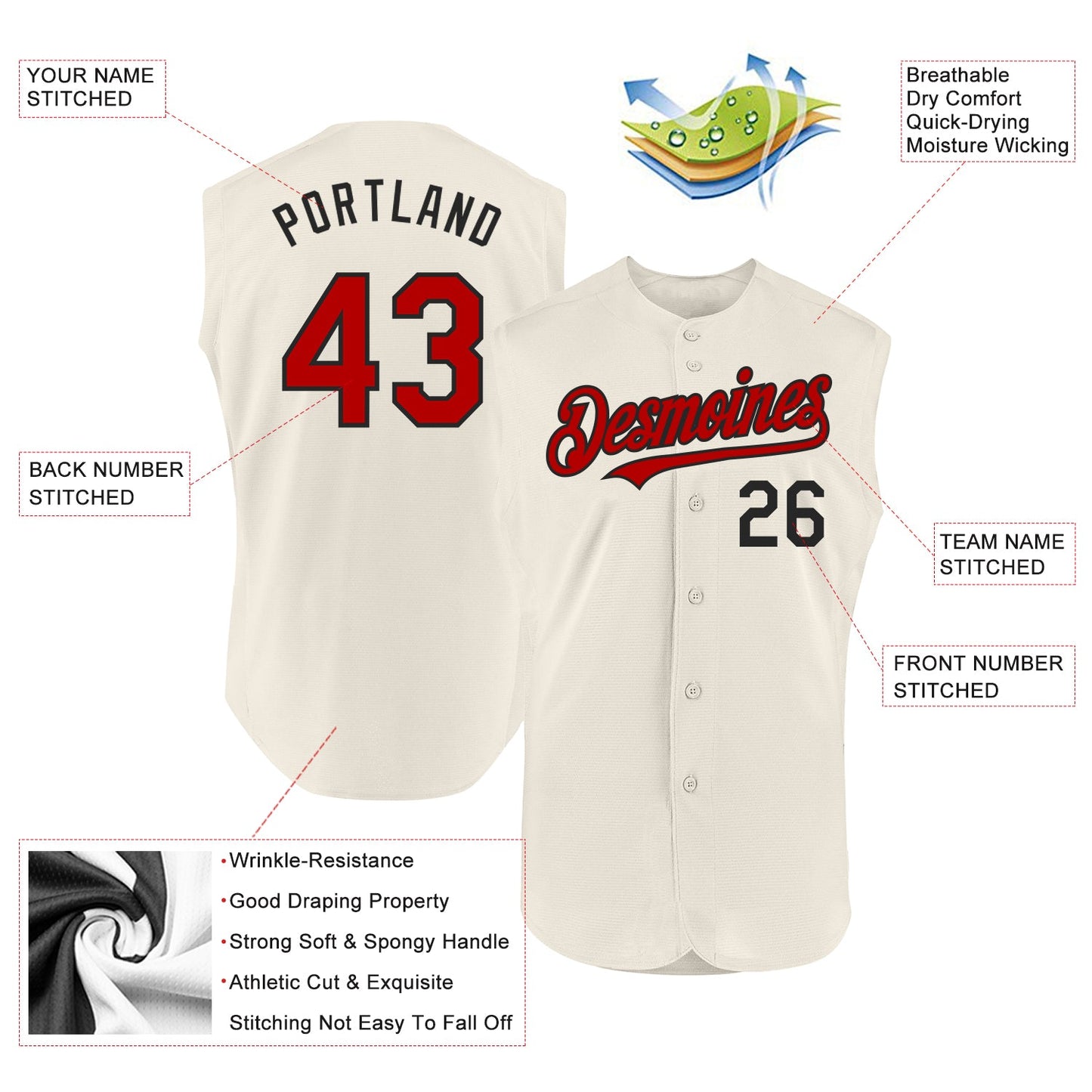 Custom Cream Red-Black Authentic Sleeveless Baseball Jersey view 2