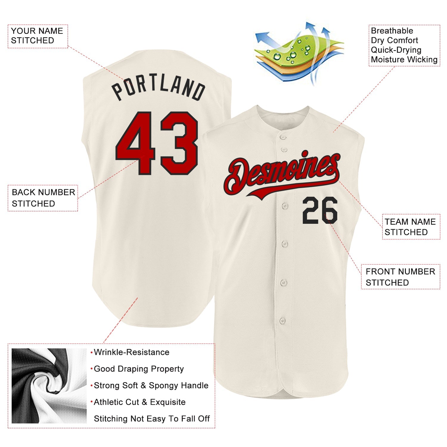 Custom Cream Red-Black Authentic Sleeveless Baseball Jersey view 2