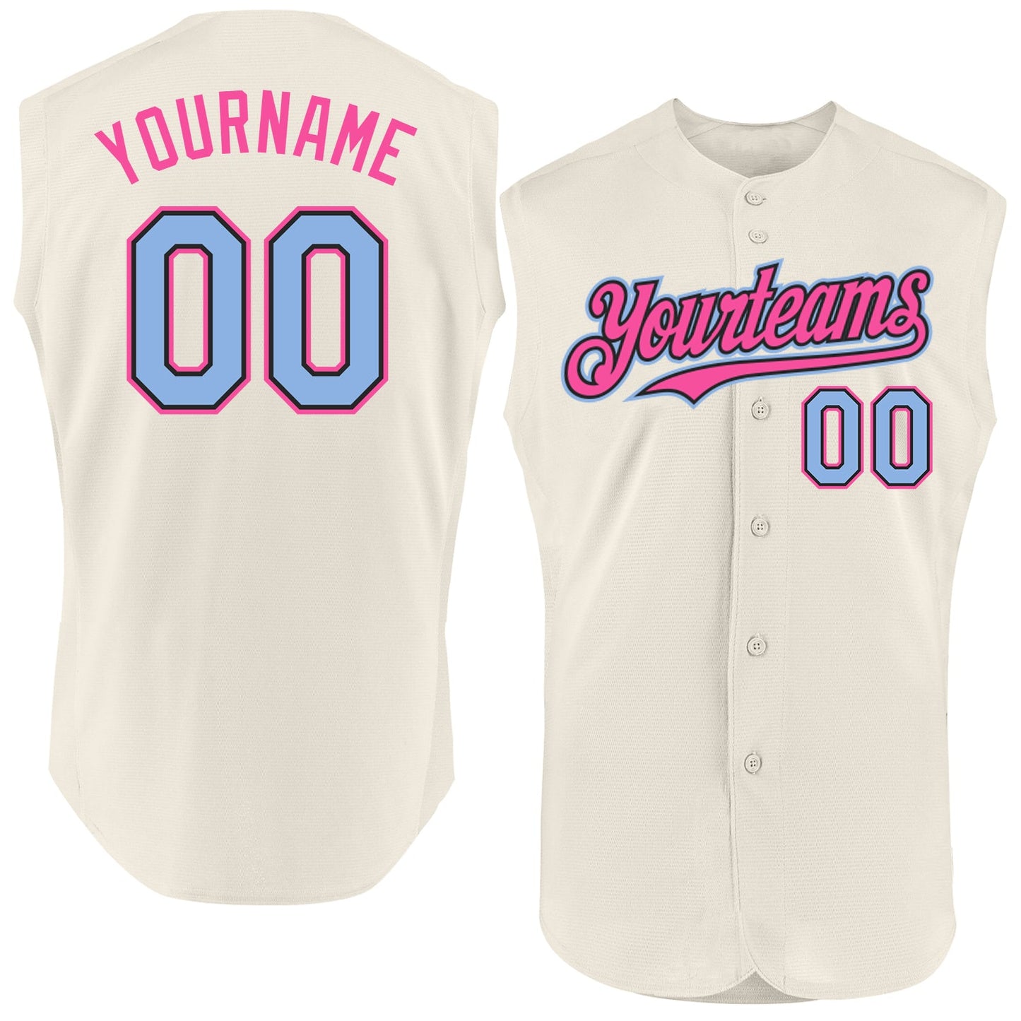Custom Cream Light Blue Black-Pink Authentic Sleeveless Baseball Jersey - Main View