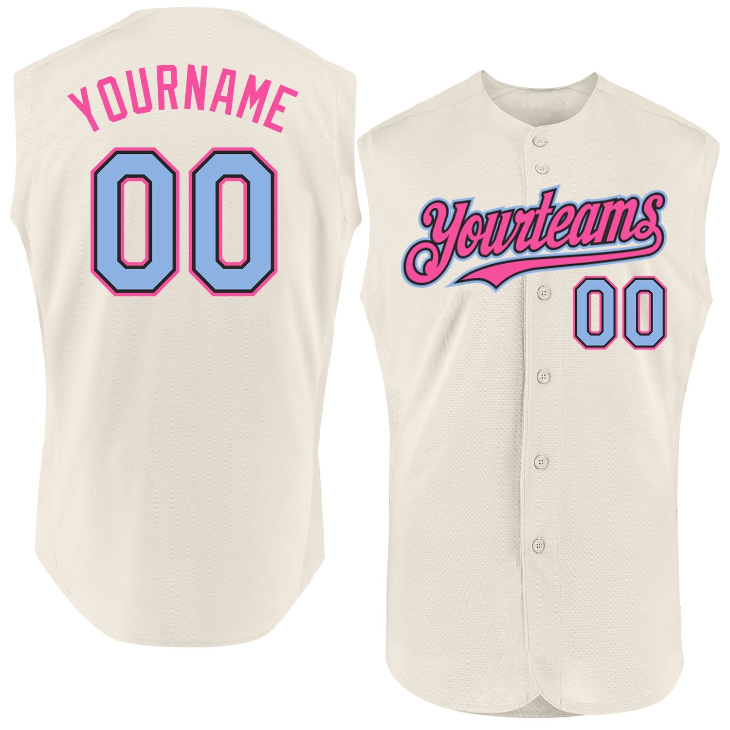 Custom Cream Light Blue Black-Pink Authentic Sleeveless Baseball Jersey - Main View
