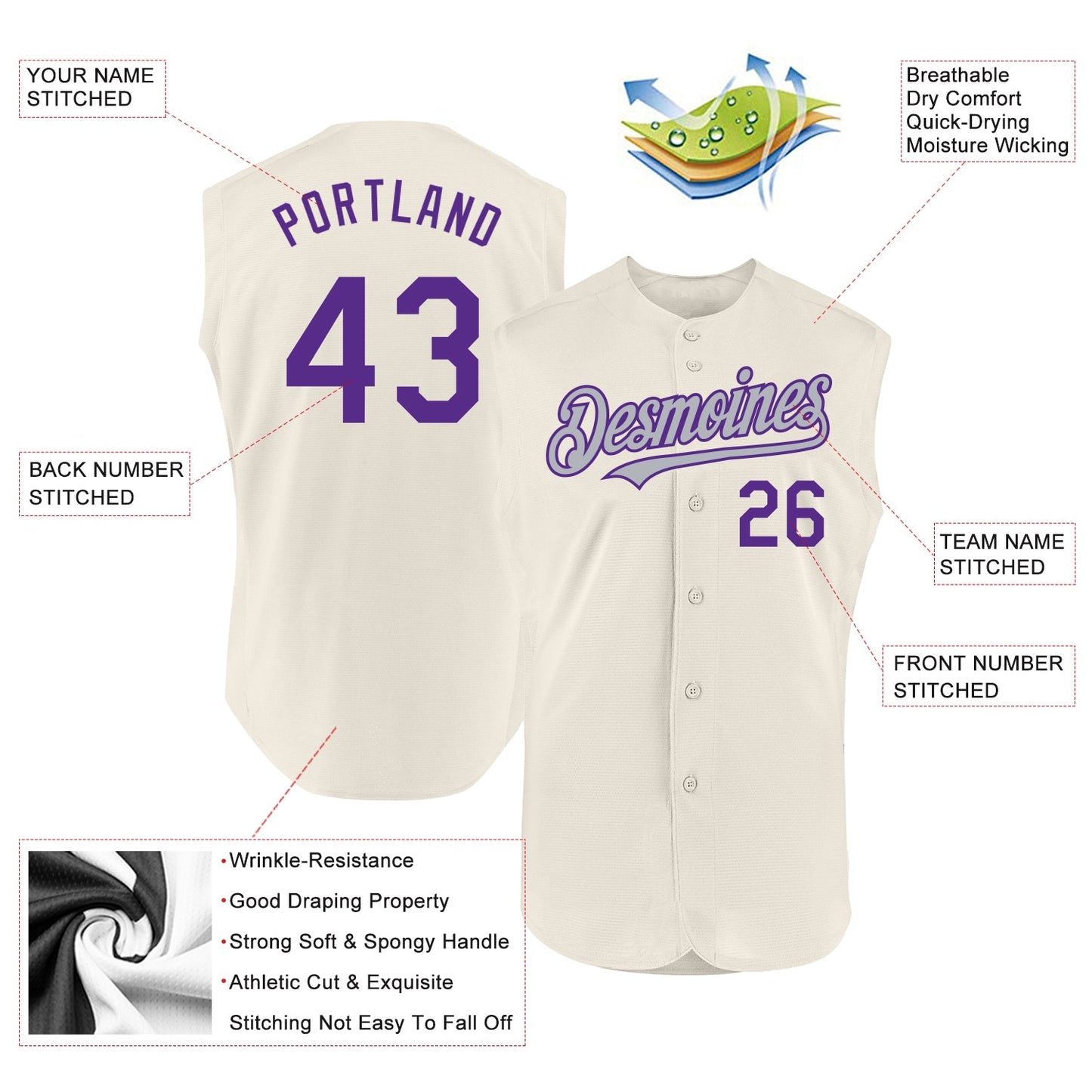 Custom Cream Purple-Gray Authentic Sleeveless Baseball Jersey view 2