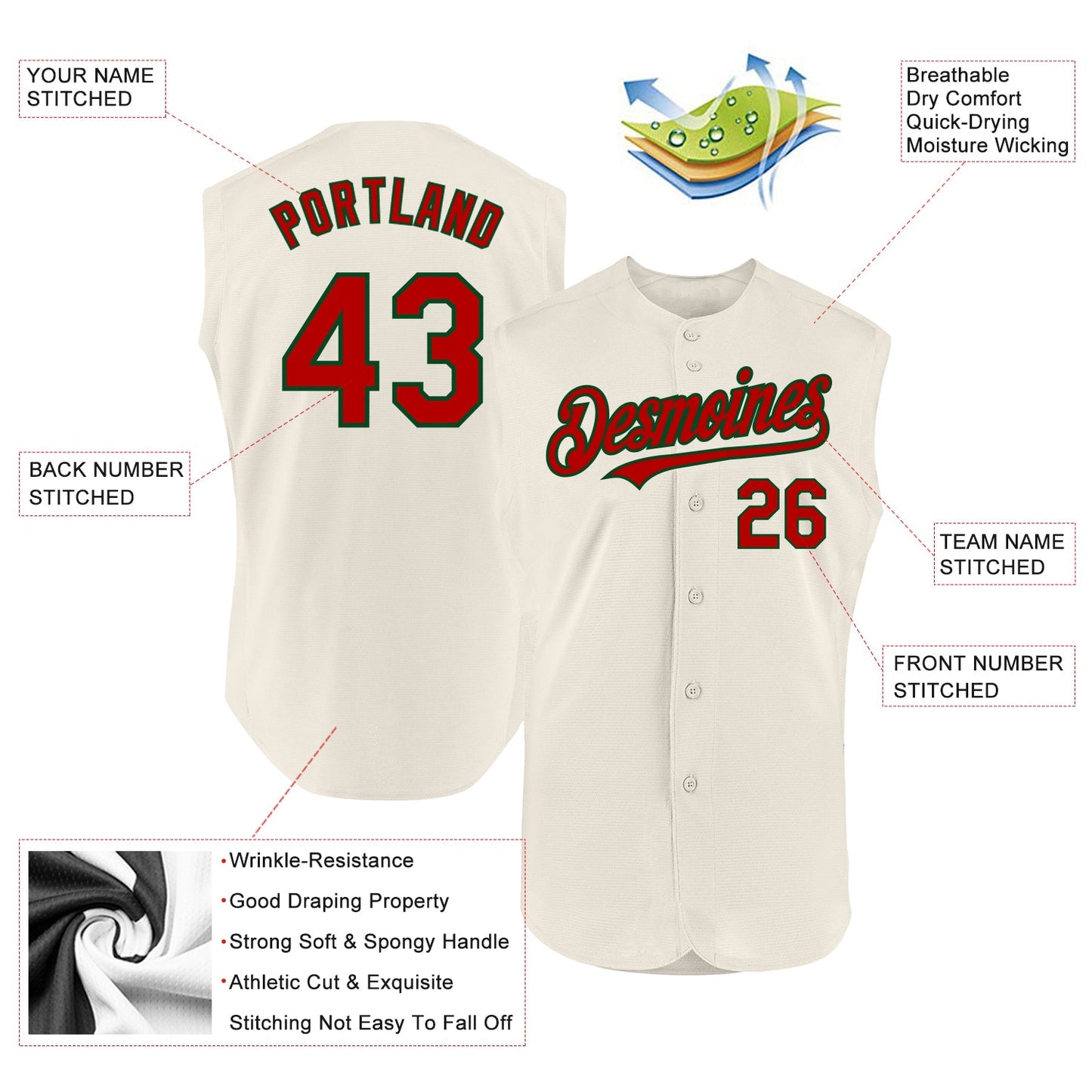 Custom Cream Red-Green Authentic Sleeveless Baseball Jersey view 2