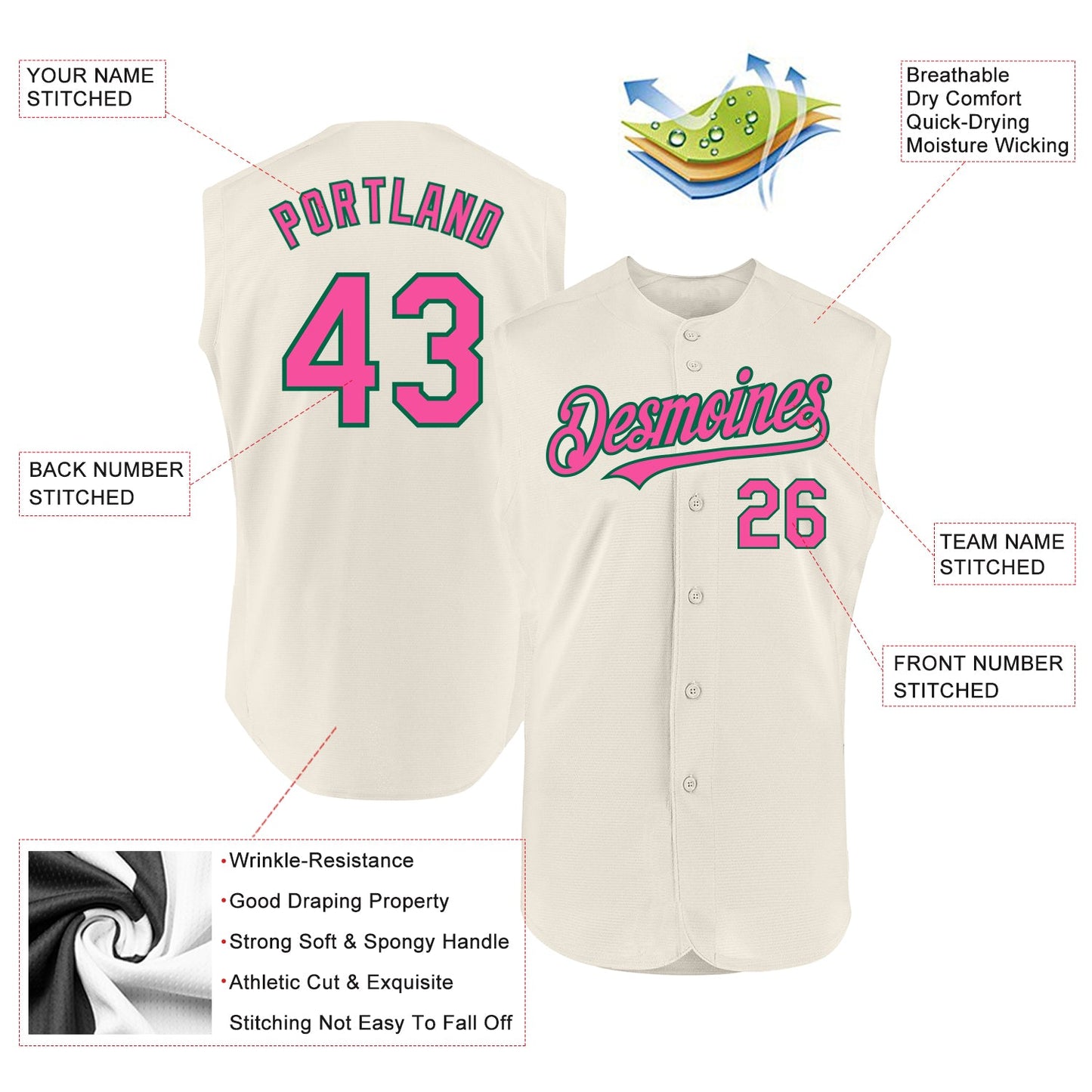 Custom Cream Pink-Kelly Green Authentic Sleeveless Baseball Jersey view 2