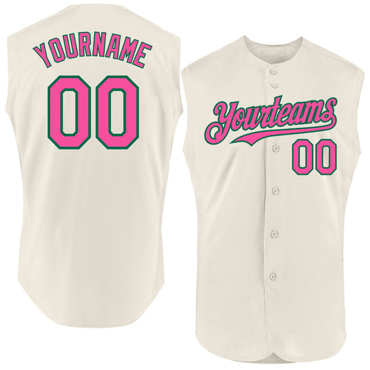 Custom Cream Pink-Kelly Green Authentic Sleeveless Baseball Jersey - Main View