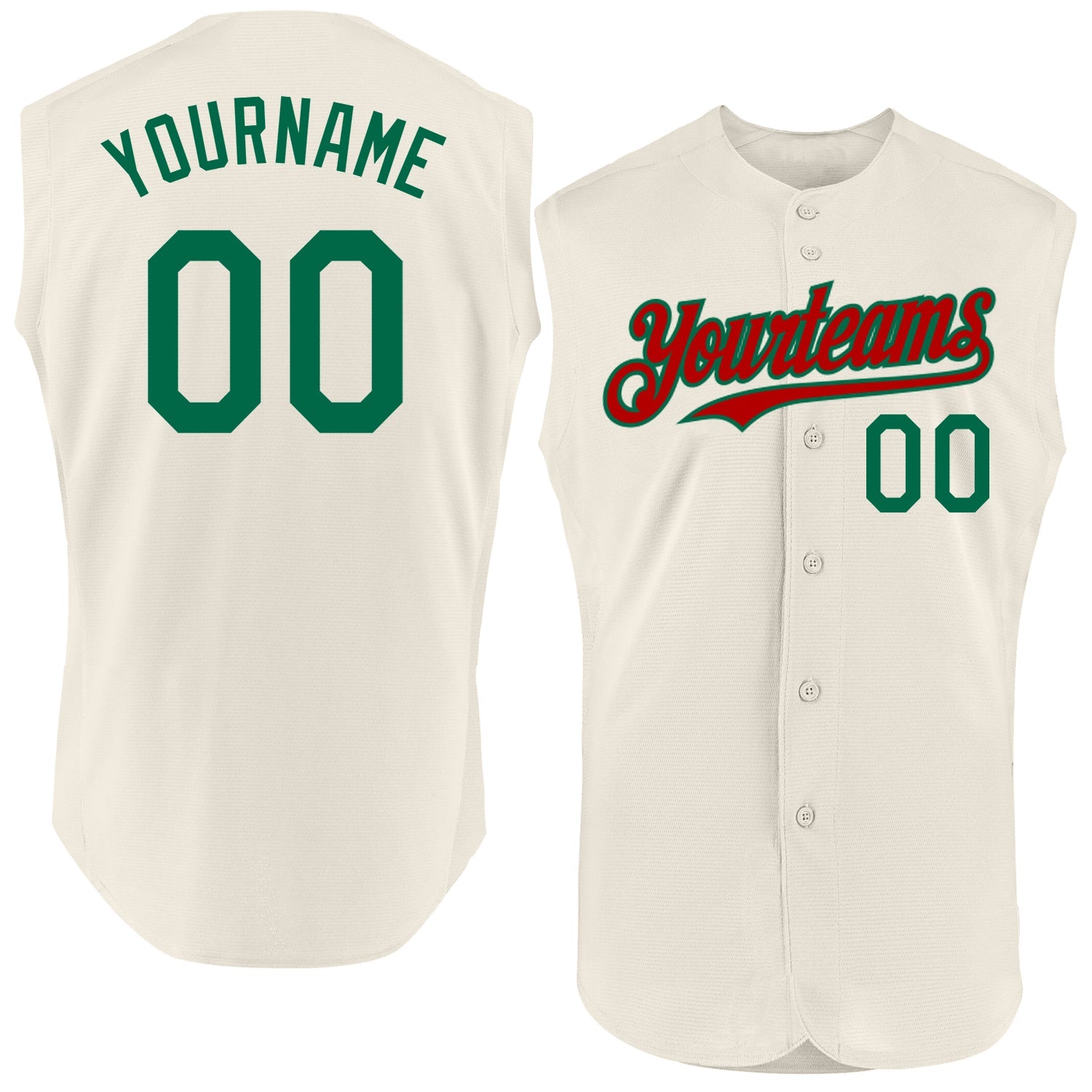 Custom Cream Kelly Green-Red Authentic Sleeveless Baseball Jersey - Main View