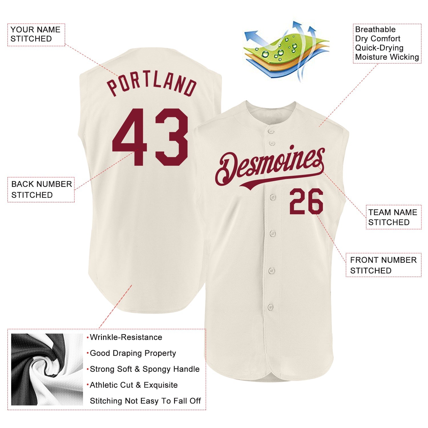 Custom Cream Crimson Authentic Sleeveless Baseball Jersey view 2