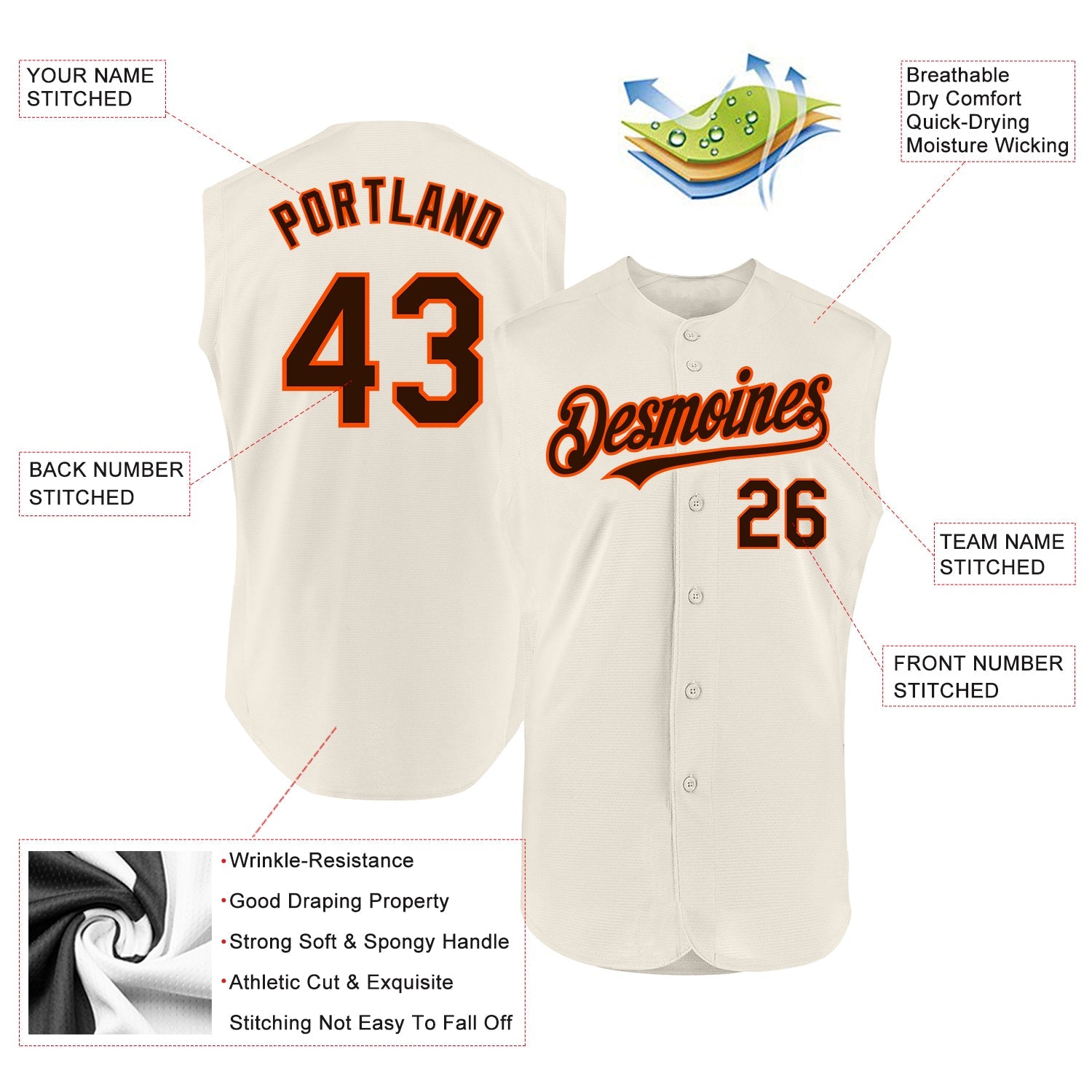 Custom Cream Brown-Orange Authentic Sleeveless Baseball Jersey view 2