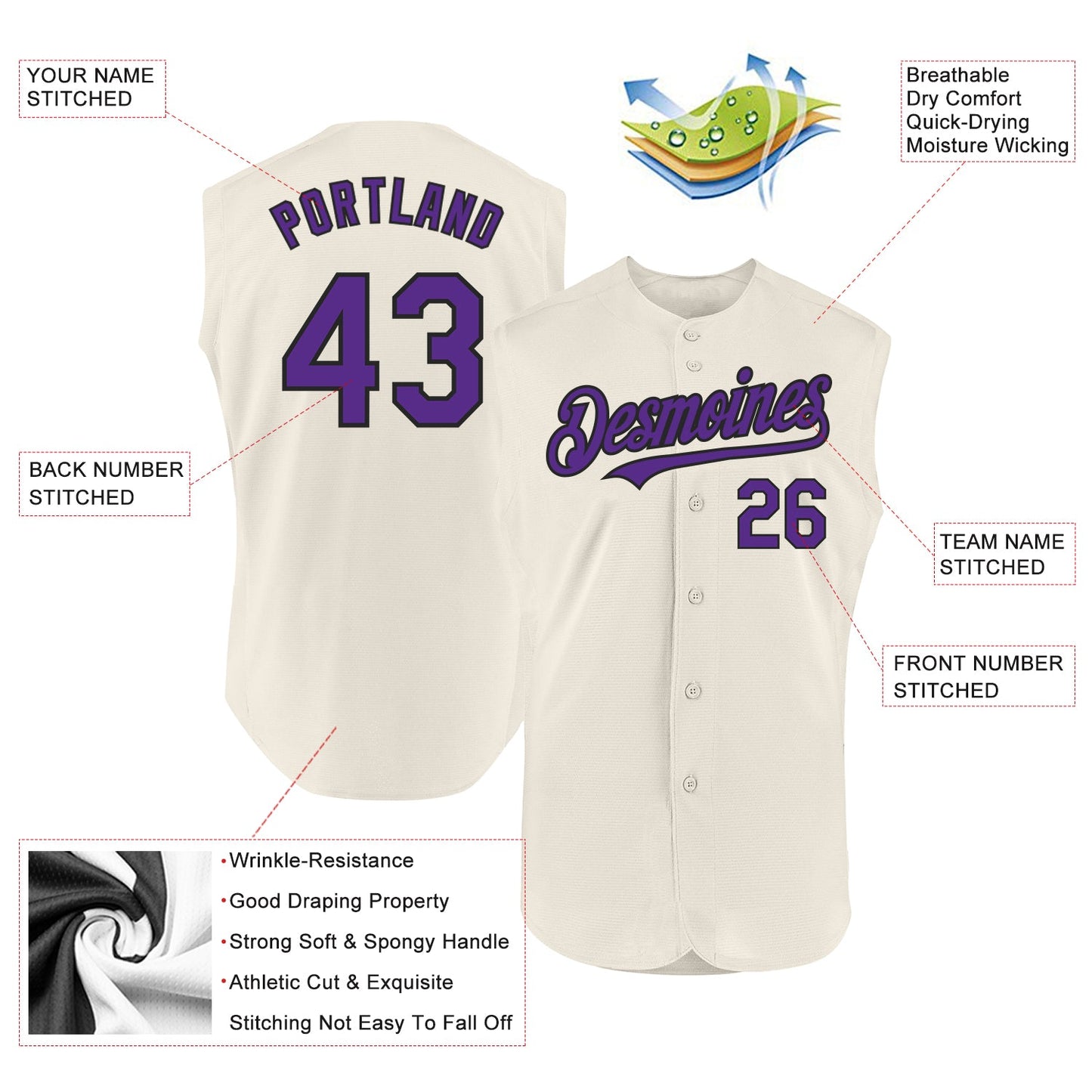 Custom Cream Purple-Black Authentic Sleeveless Baseball Jersey view 2