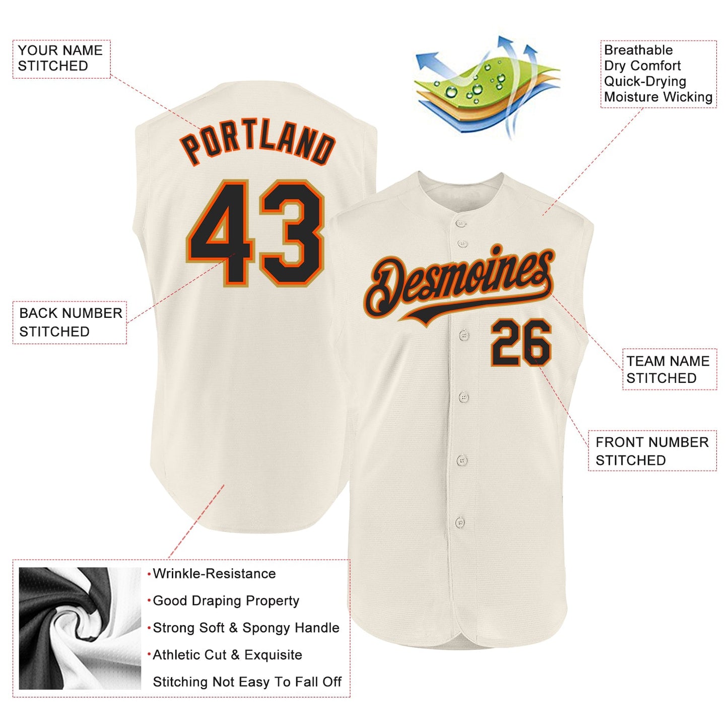 Custom Cream Black Orange-Old Gold Authentic Sleeveless Baseball Jersey view 2