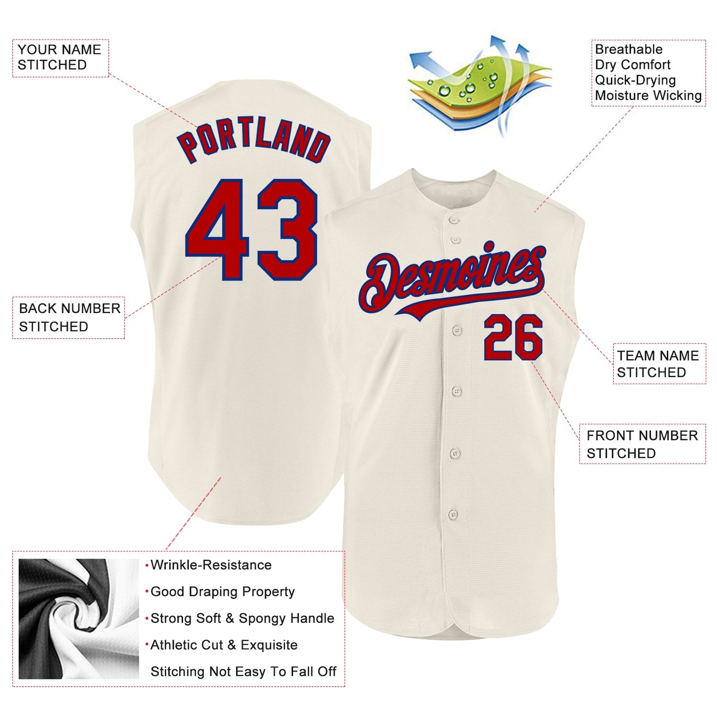 Custom Cream Red-Royal Authentic Sleeveless Baseball Jersey view 2