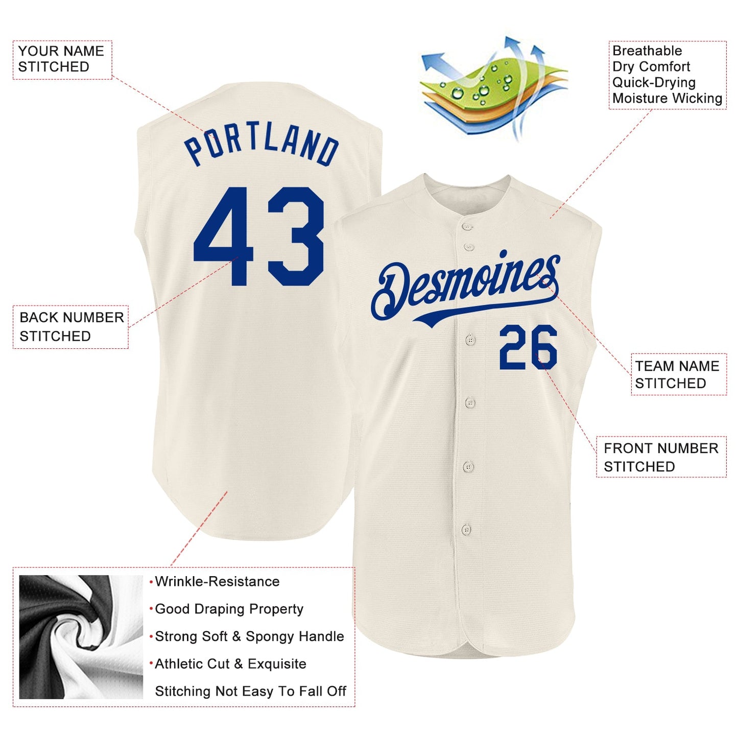 Custom Cream Royal Authentic Sleeveless Baseball Jersey view 2